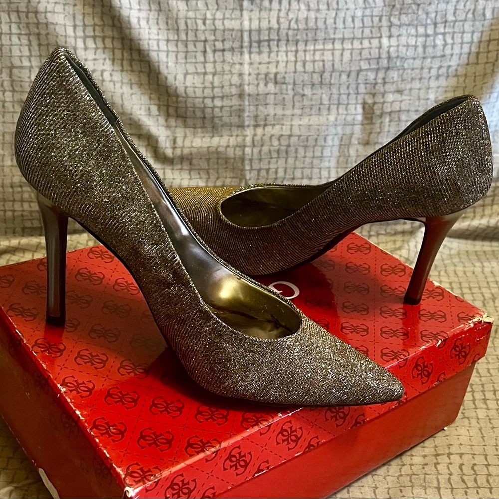 Guess Shimmering Silver and Gold Leopard Heels